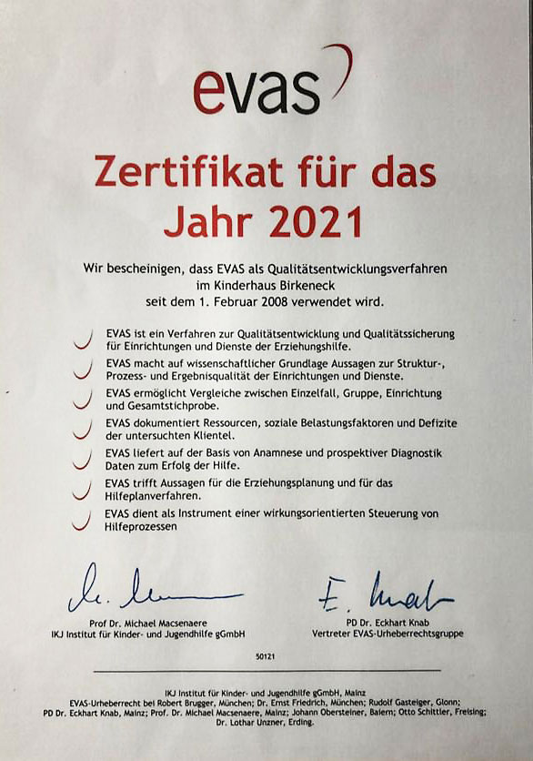 EVAS Zertivikat für das Jahr 2021